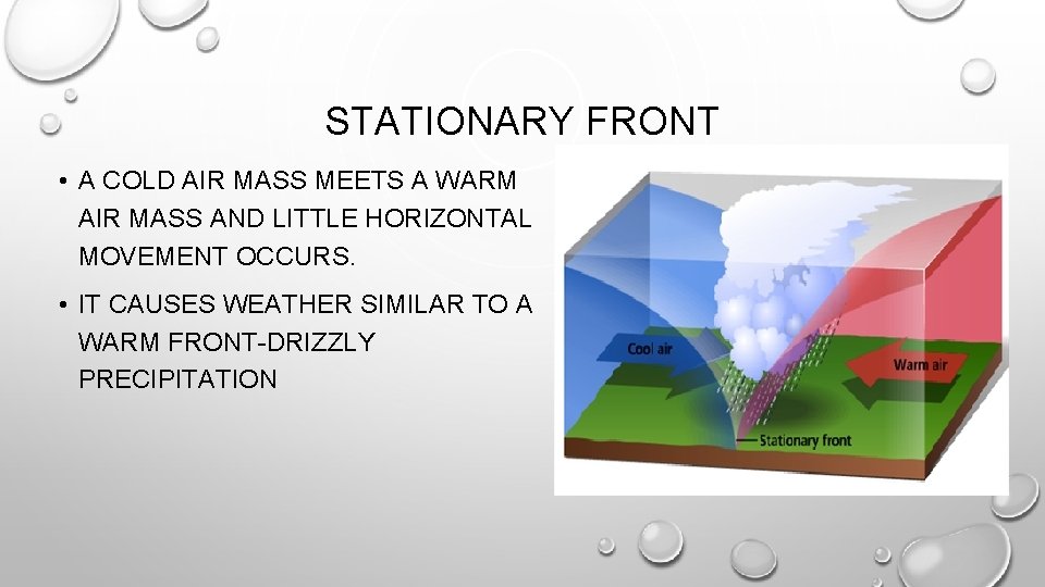 STATIONARY FRONT • A COLD AIR MASS MEETS A WARM AIR MASS AND LITTLE