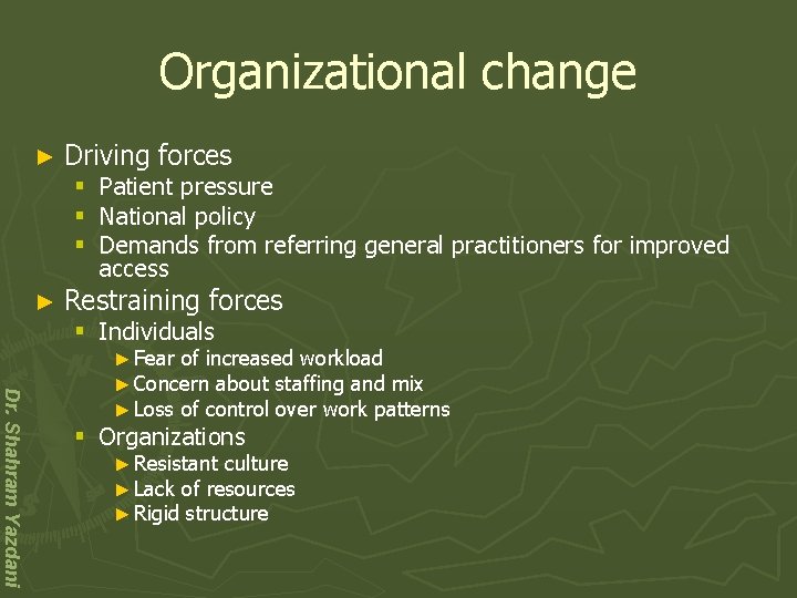 Organizational change ► Driving § § § forces Patient pressure National policy Demands from