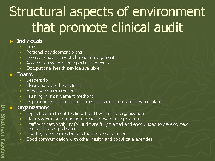 Structural aspects of environment that promote clinical audit ► ► Dr. Shahram Yazdani ►