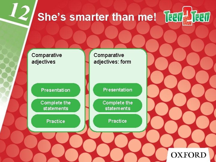 12 She’s smarter than me! Comparative adjectives: form Presentation Complete the statements Practice 