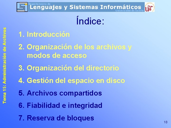 Tema 15: Administración de Archivos Índice: 1. Introducción 2. Organización de los archivos y