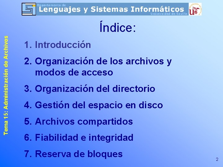 Tema 15: Administración de Archivos Índice: 1. Introducción 2. Organización de los archivos y