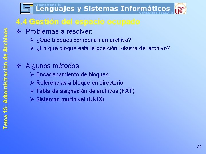 Tema 15: Administración de Archivos 4. 4 Gestión del espacio ocupado v Problemas a