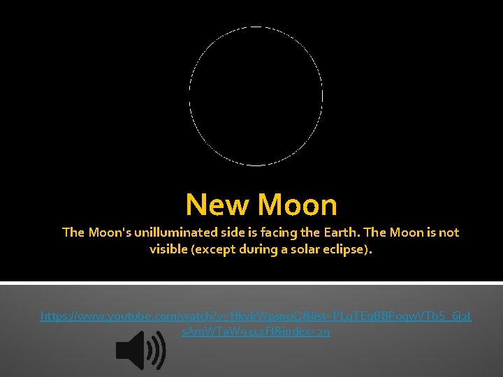 New Moon The Moon's unilluminated side is facing the Earth. The Moon is not