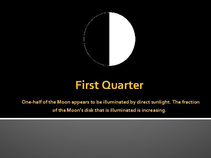 First Quarter One-half of the Moon appears to be illuminated by direct sunlight. The