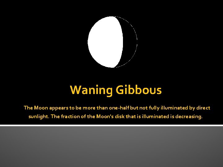 Waning Gibbous The Moon appears to be more than one-half but not fully illuminated