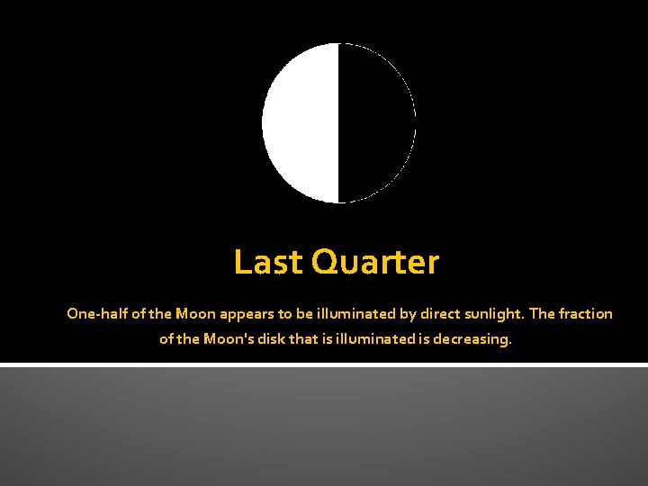 Last Quarter One-half of the Moon appears to be illuminated by direct sunlight. The