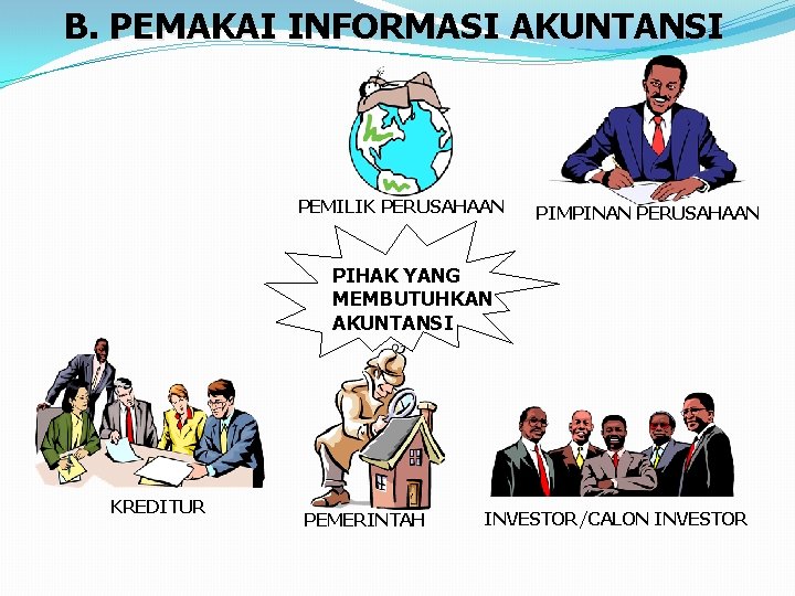 B. PEMAKAI INFORMASI AKUNTANSI PEMILIK PERUSAHAAN PIMPINAN PERUSAHAAN PIHAK YANG MEMBUTUHKAN AKUNTANSI KREDITUR PEMERINTAH