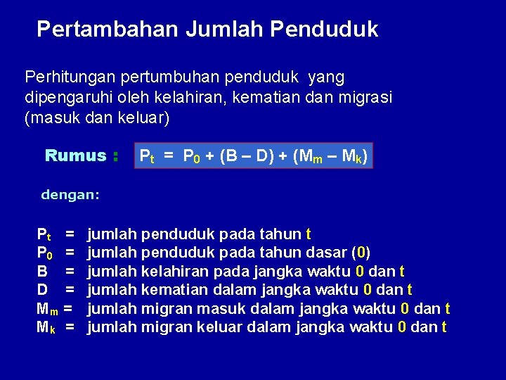 Pertambahan Jumlah Penduduk Perhitungan pertumbuhan penduduk yang dipengaruhi oleh kelahiran, kematian dan migrasi (masuk