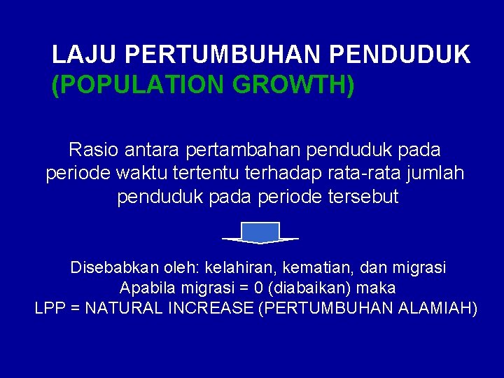 LAJU PERTUMBUHAN PENDUDUK (POPULATION GROWTH) Rasio antara pertambahan penduduk pada periode waktu tertentu terhadap