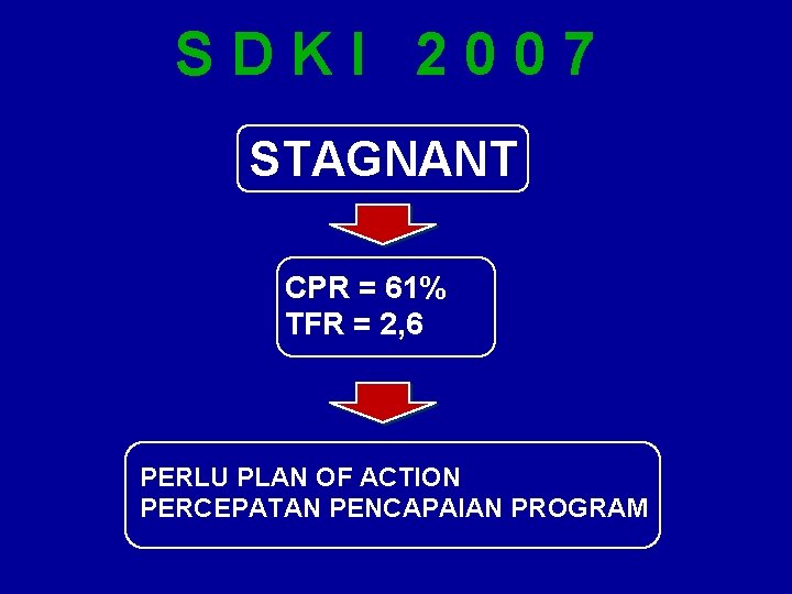 SDKI 2007 STAGNANT CPR = 61% TFR = 2, 6 PERLU PLAN OF ACTION