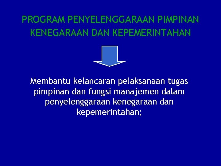 PROGRAM PENYELENGGARAAN PIMPINAN KENEGARAAN DAN KEPEMERINTAHAN Membantu kelancaran pelaksanaan tugas pimpinan dan fungsi manajemen