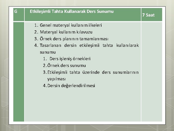 G Etkileşimli Tahta Kullanarak Ders Sunumu 1. 2. 3. 4. Genel materyal kullanım ilkeleri