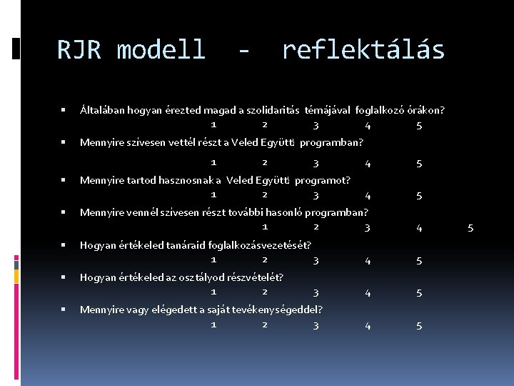 RJR modell - reflektálás Általában hogyan érezted magad a szolidaritás témájával foglalkozó órákon? 1