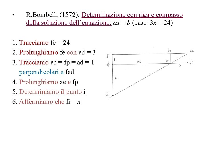  • R. Bombelli (1572): Determinazione con riga e compasso della soluzione dell’equazione: ax