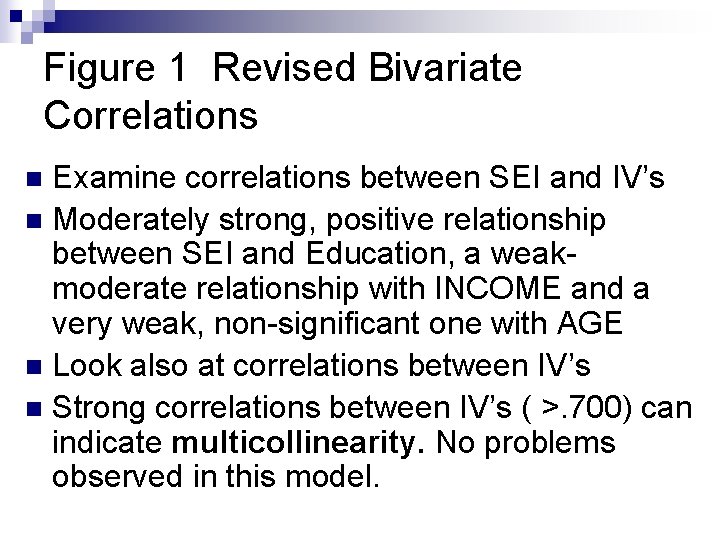 Figure 1 Revised Bivariate Correlations Examine correlations between SEI and IV’s n Moderately strong,