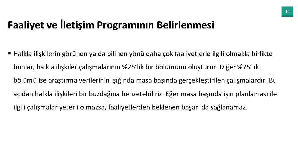 14 Faaliyet ve İletişim Programının Belirlenmesi § Halkla ilişkilerin görünen ya da bilinen yönü