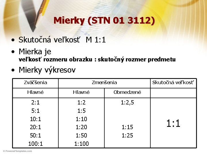 Mierky (STN 01 3112) • Skutočná veľkosť M 1: 1 • Mierka je veľkosť