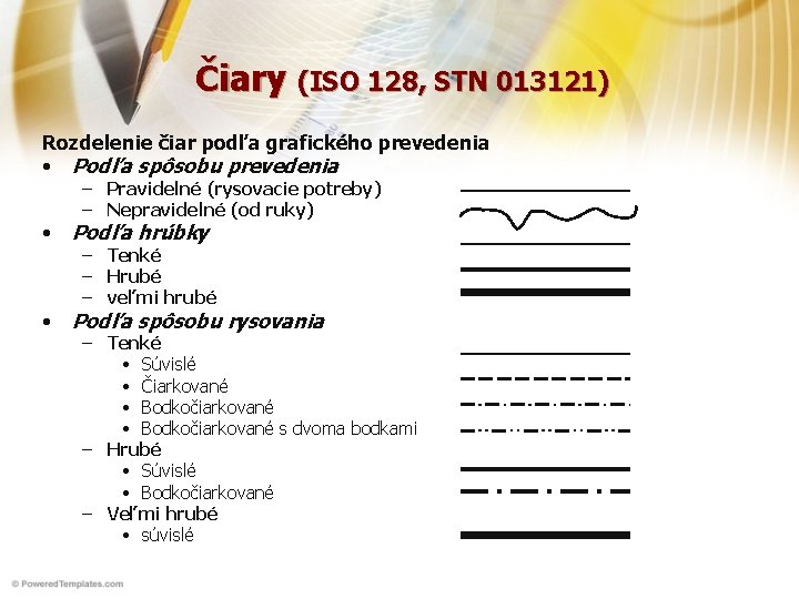 Čiary (ISO 128, STN 013121) Rozdelenie čiar podľa grafického prevedenia • Podľa spôsobu prevedenia