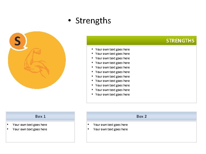 SWOT ANALYSIS • Strengths S STRENGTHS § § § Your own text goes here