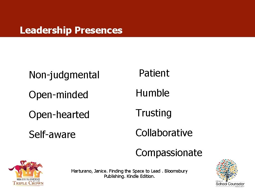 Leadership Presences Non-judgmental Patient Open-minded Humble Open-hearted Trusting Self-aware Collaborative Compassionate Marturano, Janice. Finding