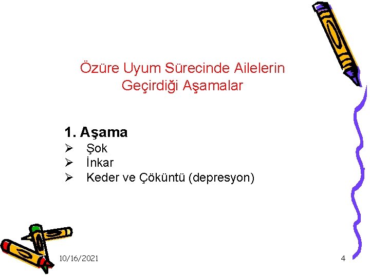 Özüre Uyum Sürecinde Ailelerin Geçirdiği Aşamalar 1. Aşama Ø Şok Ø İnkar Ø Keder