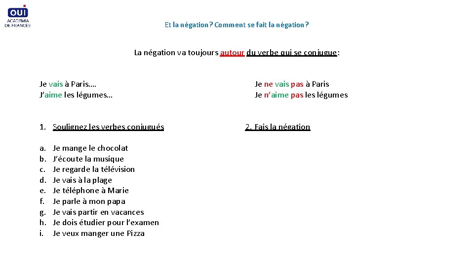 Et la négation? Comment se fait la négation? La négation va toujours autour du