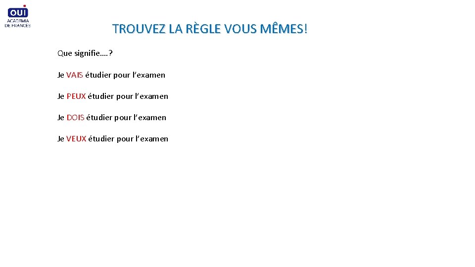 TROUVEZ LA RÈGLE VOUS MÊMES! Que signifie…. ? Je VAIS étudier pour l’examen Je