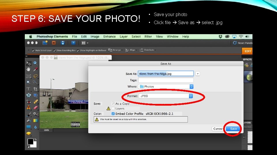 STEP 6: SAVE YOUR PHOTO! • Save your photo • Click file Save as