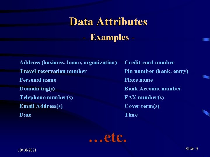 Data Attributes - Examples Address (business, home, organization) Travel reservation number Personal name Domain