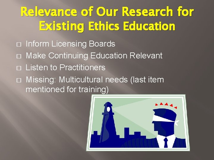 Relevance of Our Research for Existing Ethics Education � � Inform Licensing Boards Make Relevance of Our Research for Existing Ethics Education � � Inform Licensing Boards Make