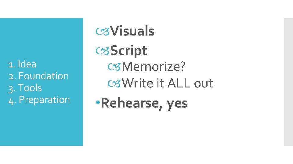 1. Idea 2. Foundation 3. Tools 4. Preparation Visuals Script Memorize? Write it ALL 1. Idea 2. Foundation 3. Tools 4. Preparation Visuals Script Memorize? Write it ALL