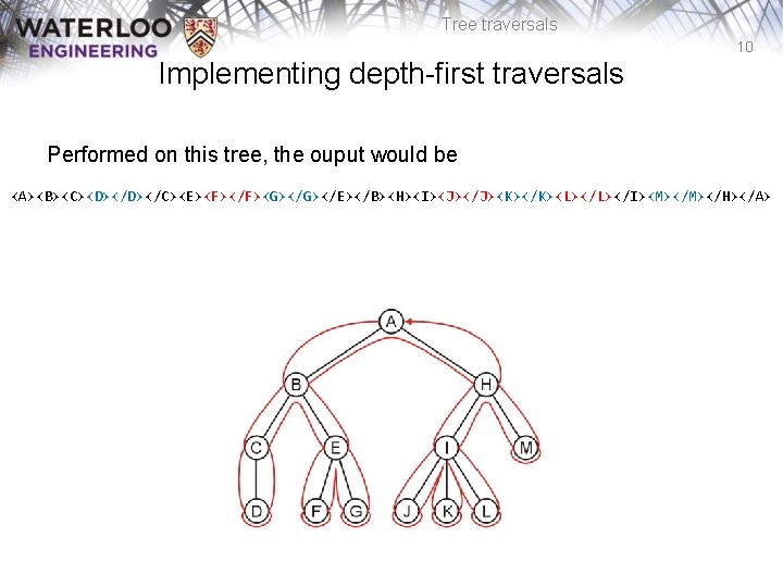 Tree traversals 10 Implementing depth-first traversals Performed on this tree, the ouput would be