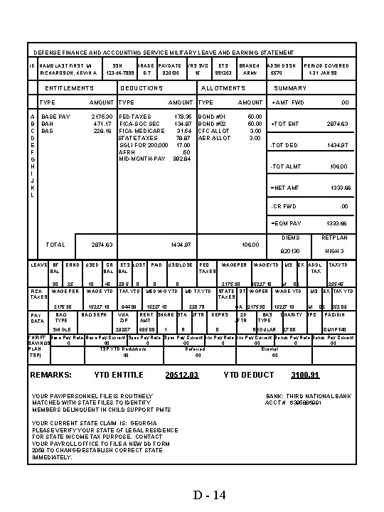DEFENSE FINANCE AND ACCOUNTING SERVICE MILITARY LEAVE AND EARNING STATEMENT ID NAME LAST FIRST,