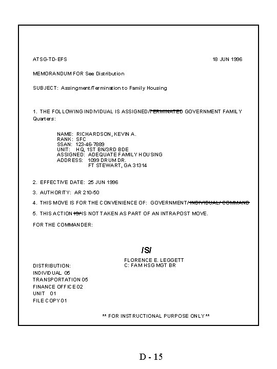 ATSG-TD-EFS 18 JUN 1996 MEMORANDUM FOR See Distribution SUBJECT: Assingment/Termination to Family Housing 1.