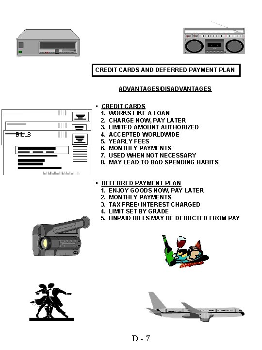 CREDIT CARDS AND DEFERRED PAYMENT PLAN ADVANTAGES/DISADVANTAGES BILLS • CREDIT CARDS 1. WORKS LIKE