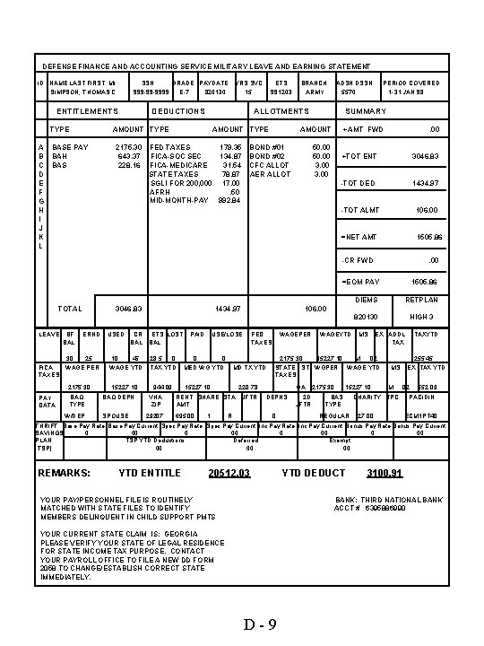 DEFENSE FINANCE AND ACCOUNTING SERVICE MILITARY LEAVE AND EARNING STATEMENT ID NAME LAST FIRST,