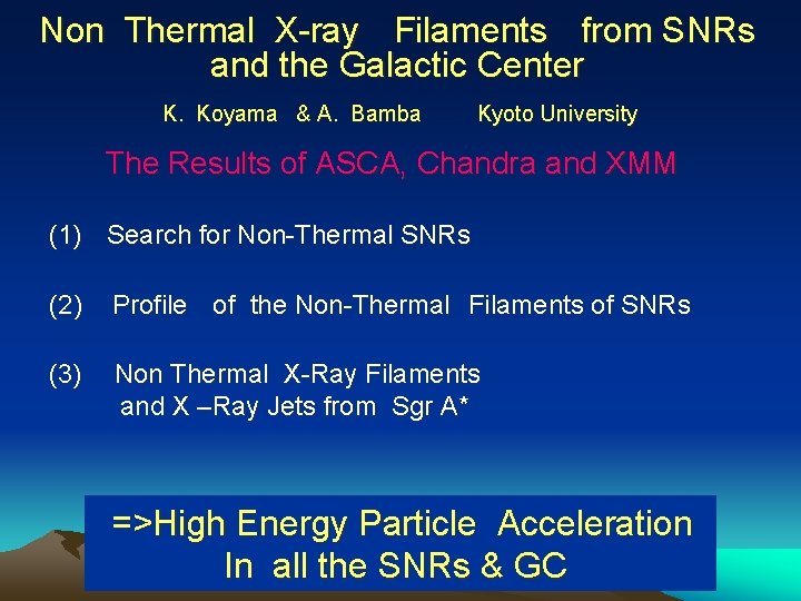 Non Thermal X-ray Filaments from SNRs and the Galactic Center K. Koyama & A.