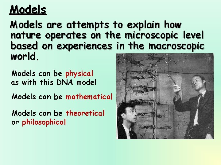 Models are attempts to explain how nature operates on the microscopic level based on