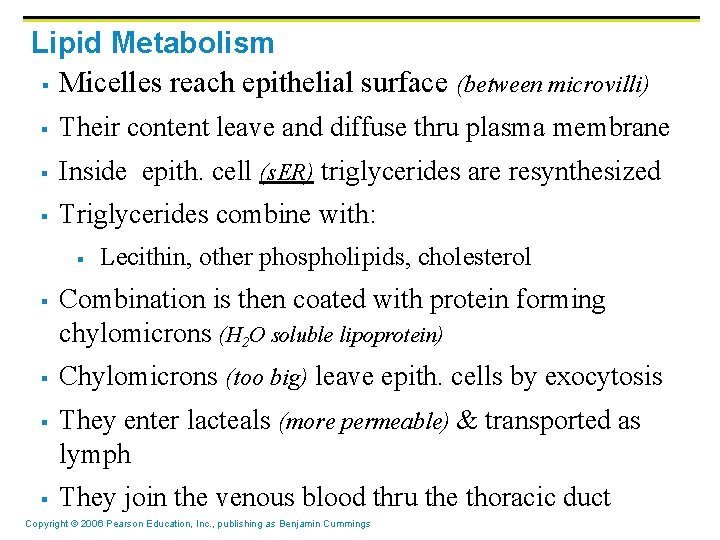 Lipid Metabolism § Micelles reach epithelial surface (between microvilli) § Their content leave and