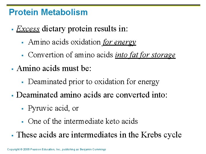 Protein Metabolism § § Excess dietary protein results in: § Amino acids oxidation for