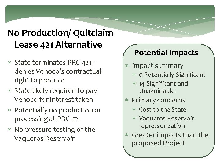 No Production/ Quitclaim Lease 421 Alternative State terminates PRC 421 – denies Venoco’s contractual