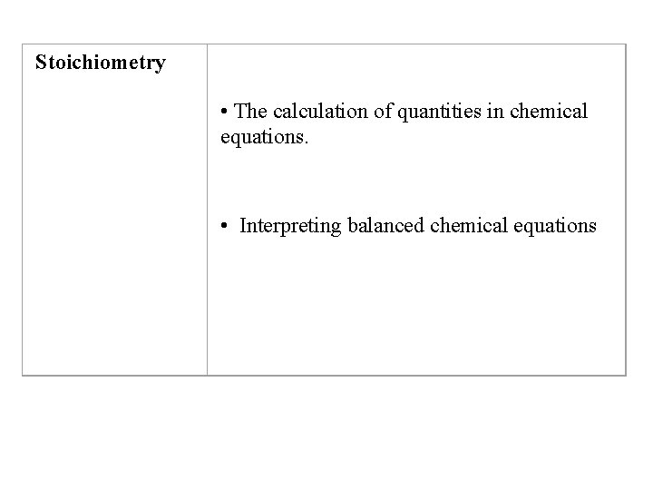 Stoichiometry • The calculation of quantities in chemical equations. • Interpreting balanced chemical equations