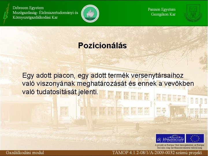 Pozícionálás Egy adott piacon, egy adott termék versenytársaihoz való viszonyának meghatározását és ennek a