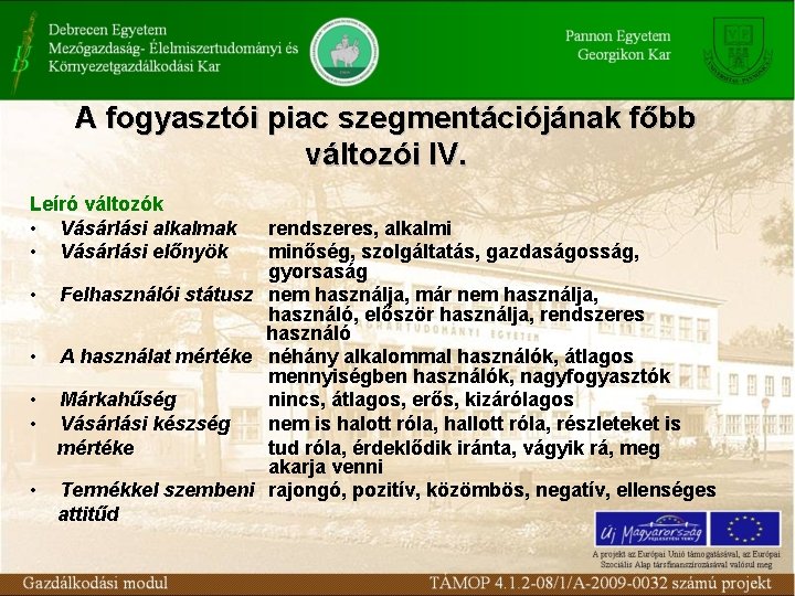 A fogyasztói piac szegmentációjának főbb változói IV. Leíró változók • Vásárlási alkalmak • Vásárlási