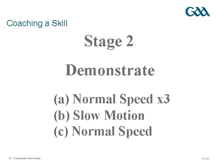 Coaching a Skill Stage 2 Demonstrate (a) Normal Speed x 3 (b) Slow Motion