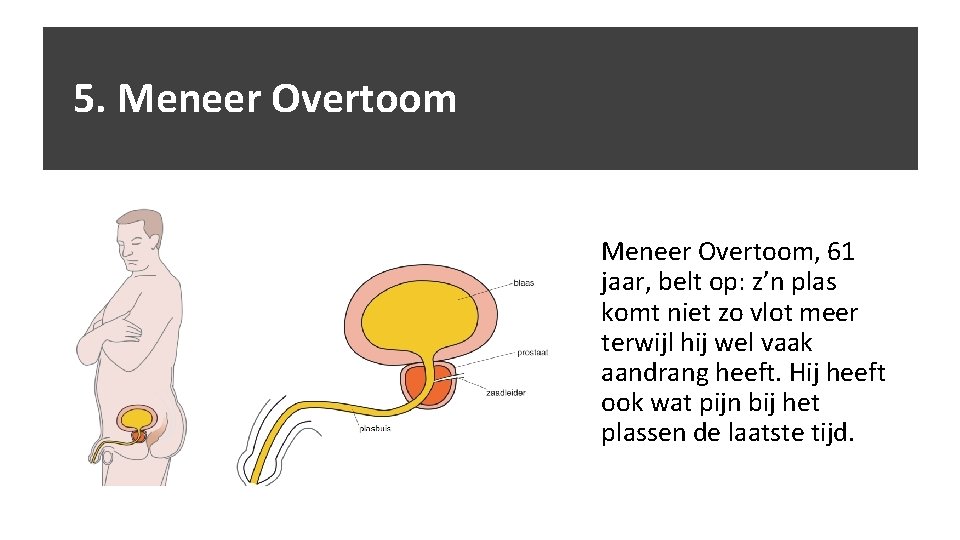 5. Meneer Overtoom, 61 jaar, belt op: z’n plas komt niet zo vlot meer