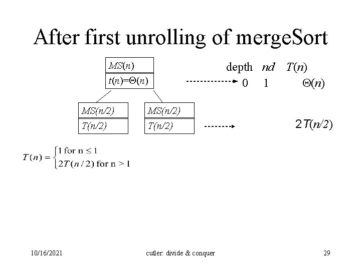After first unrolling of merge. Sort MS(n) t(n)= (n) MS(n/2) T(n/2) 10/16/2021 MS(n/2) T(n/2)