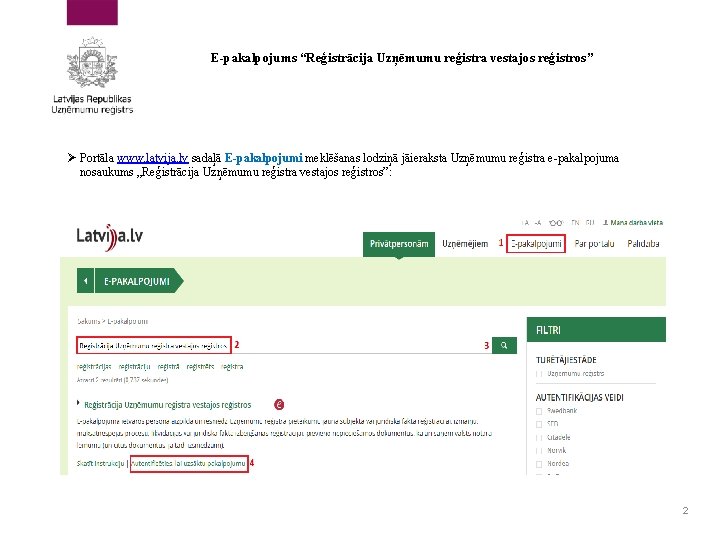 E-pakalpojums “Reģistrācija Uzņēmumu reģistra vestajos reģistros” Ø Portāla www. latvija. lv sadaļā E-pakalpojumi meklēšanas