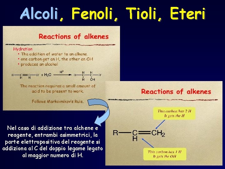 Alcoli, Fenoli, Tioli, Eteri Nel caso di addizione tra alchene e reagente, entrambi asimmetrici,